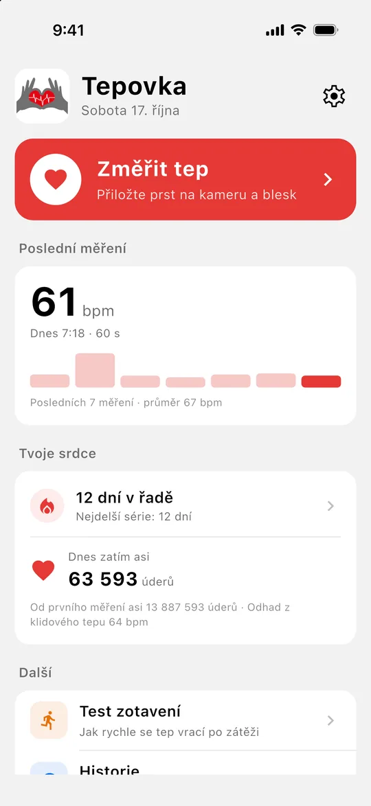 Úvodní obrazovka Tepovky s tlačítkem Změřit tep, posledním měřením a sérií dní v řadě