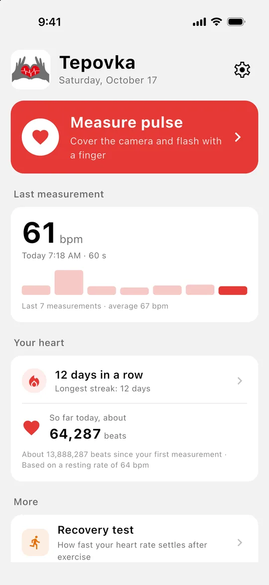 Tepovka home screen with the Measure pulse button, the latest reading and a day streak