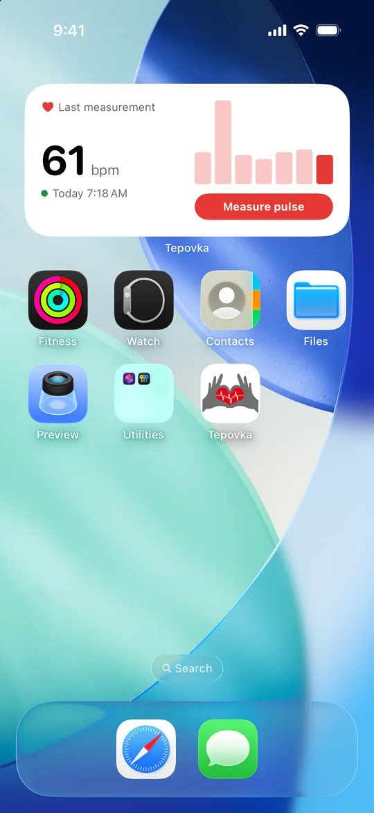 iPhone home screen with the Tepovka widget showing the latest reading